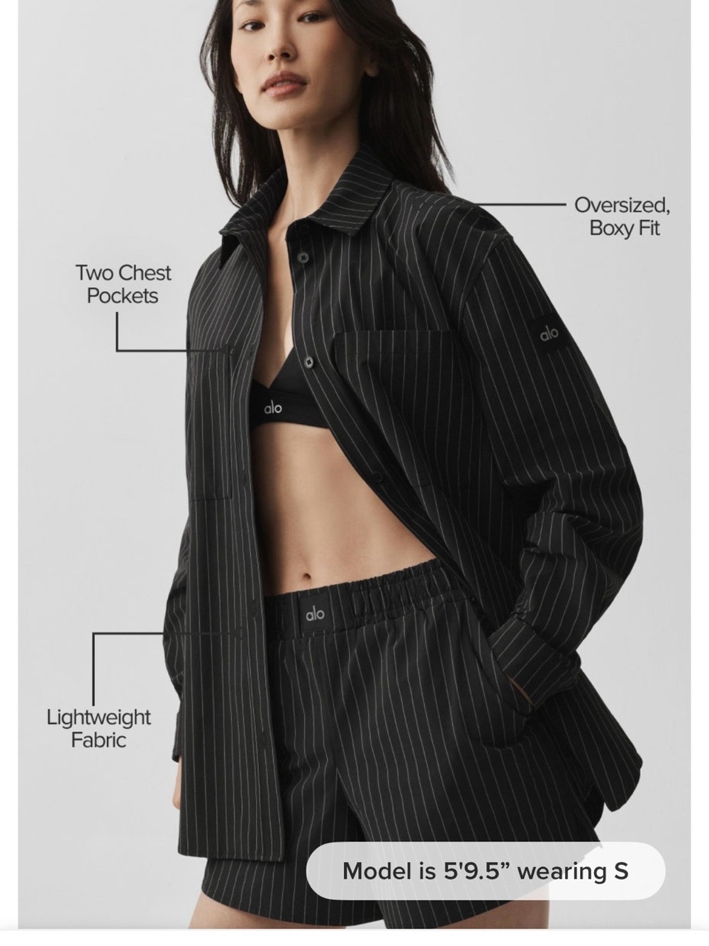 ALO Yoga Black Pinstripe Button-Down Shirt - Picture 3 of 3